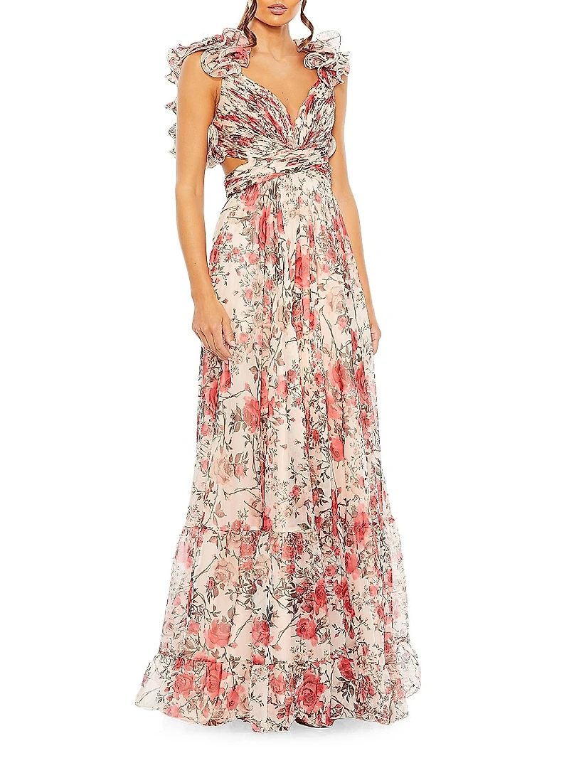 Floral Chiffon Laced A-Line Gown
