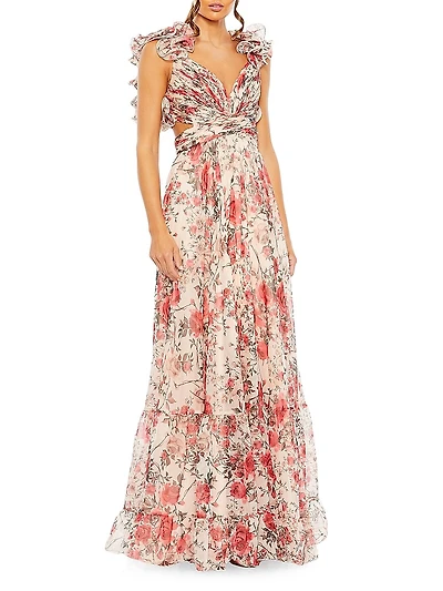 Floral Chiffon Laced A-Line Gown