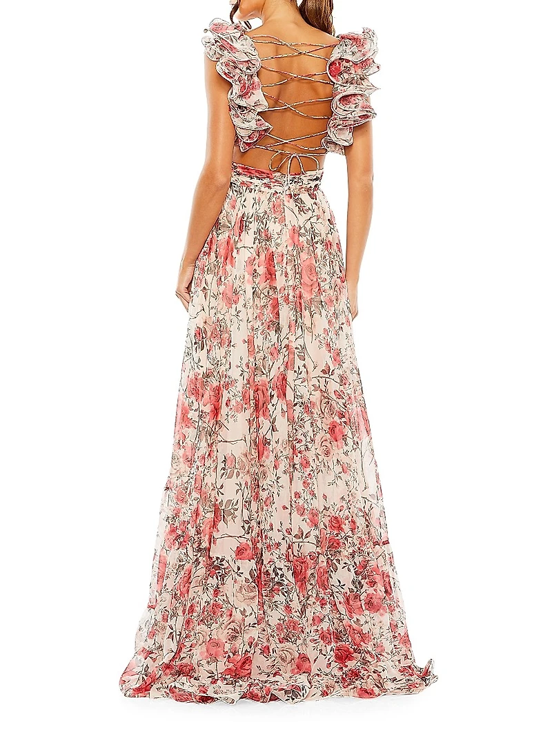 Floral Chiffon Laced A-Line Gown