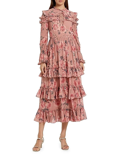 Rose-Print Tiered Ruffle Midi-Dress