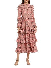 Rose-Print Tiered Ruffle Midi-Dress