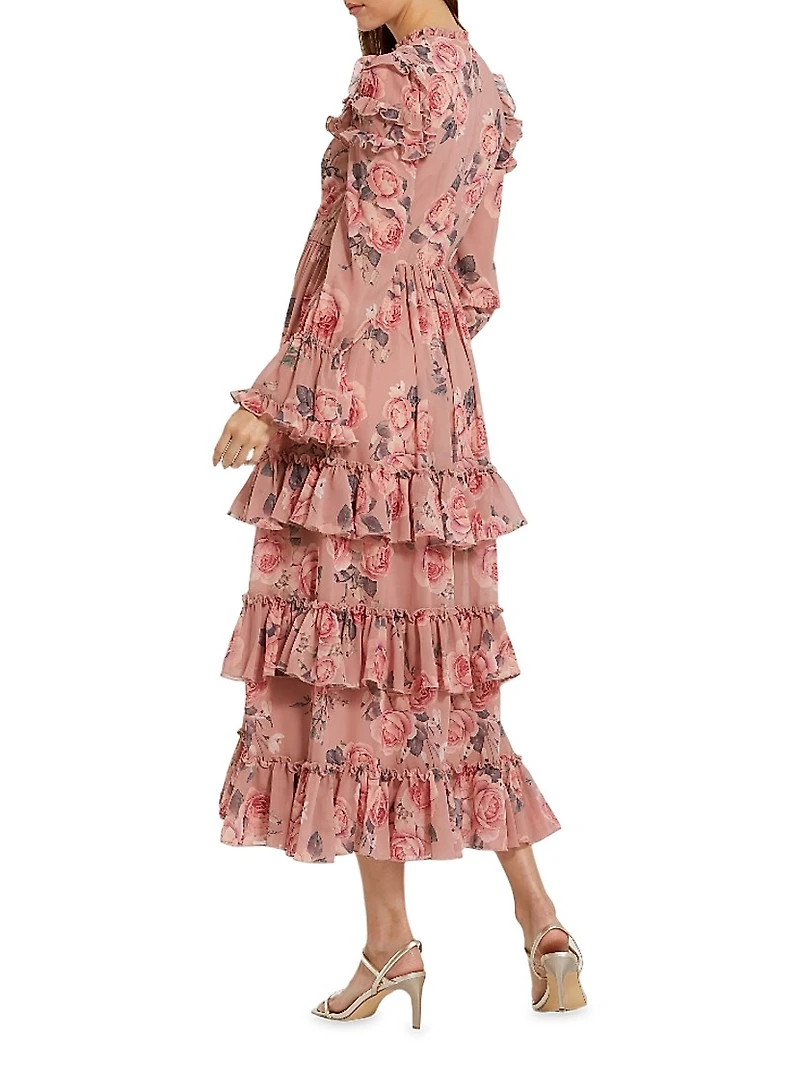 Rose-Print Tiered Ruffle Midi-Dress