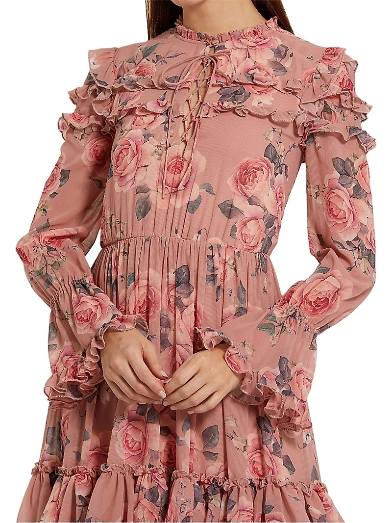 Rose-Print Tiered Ruffle Midi-Dress