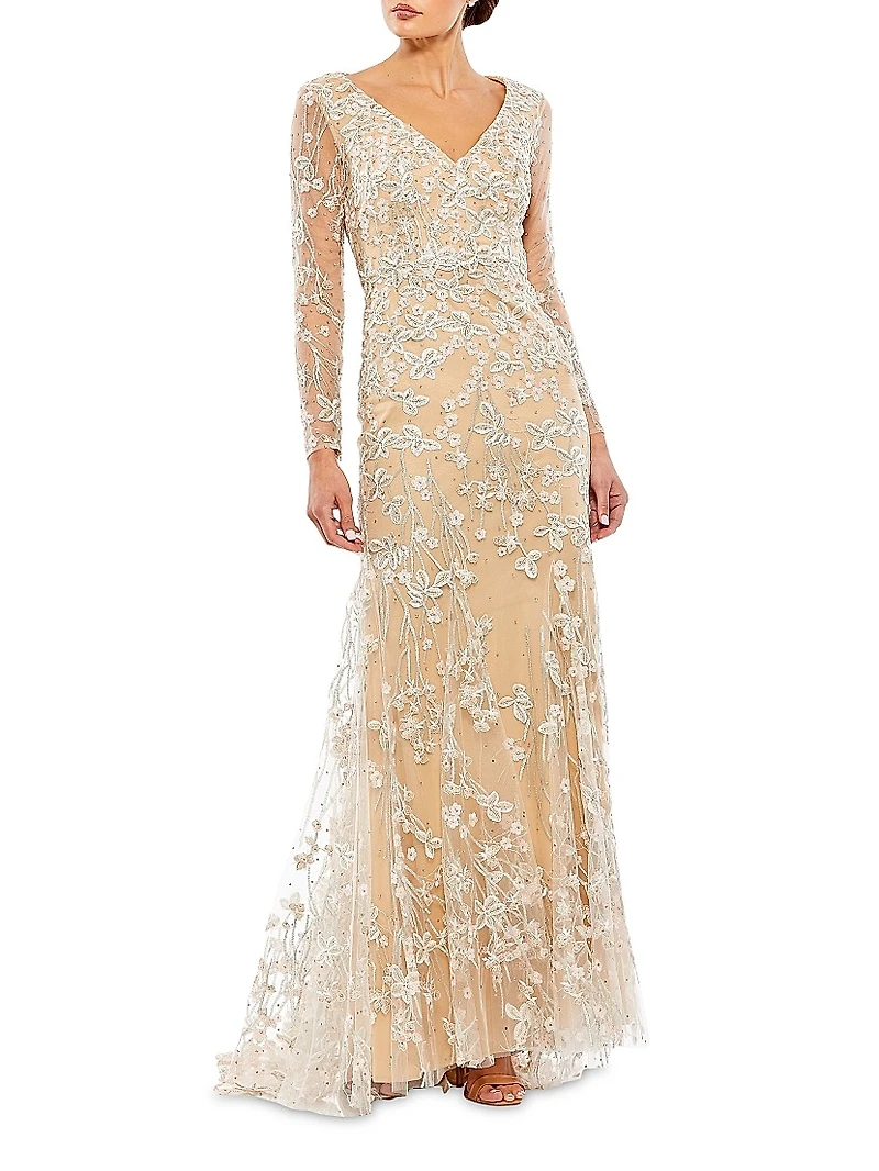 Floral-Embroidered V-Neck Trumpet Gown