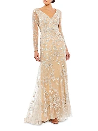 Floral-Embroidered V-Neck Trumpet Gown