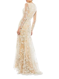 Floral-Embroidered V-Neck Trumpet Gown