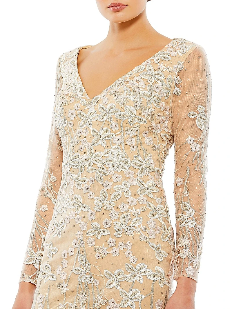 Floral-Embroidered V-Neck Trumpet Gown