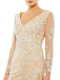 Floral-Embroidered V-Neck Trumpet Gown