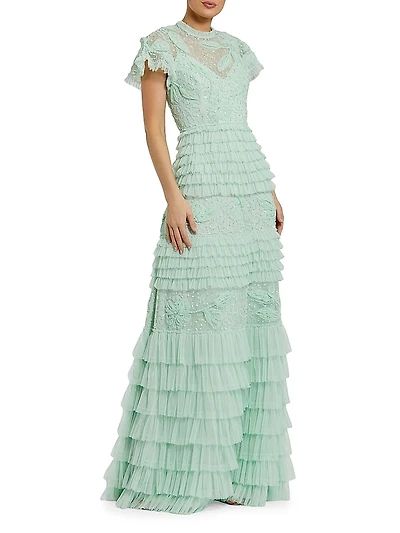 Sequin-Embellished Micro-Ruffle A-Line Gown
