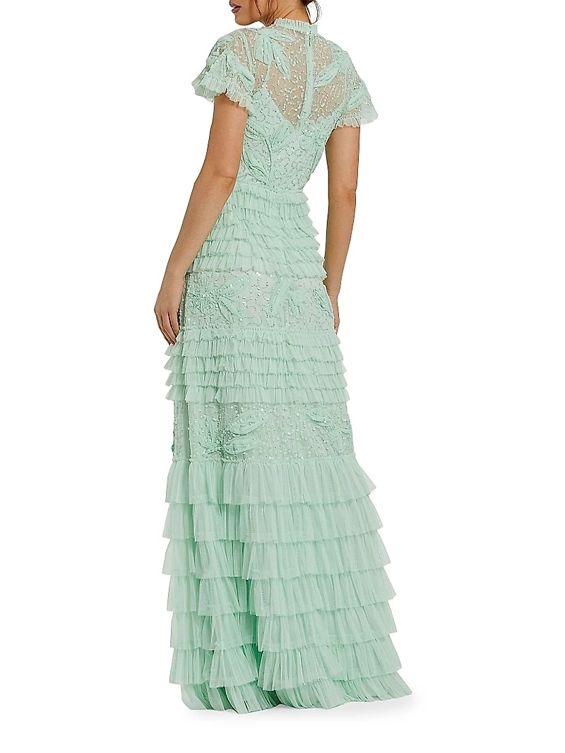 Sequin-Embellished Micro-Ruffle A-Line Gown
