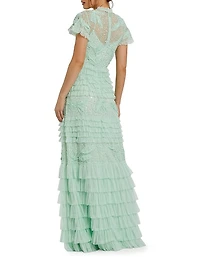 Sequin-Embellished Micro-Ruffle A-Line Gown