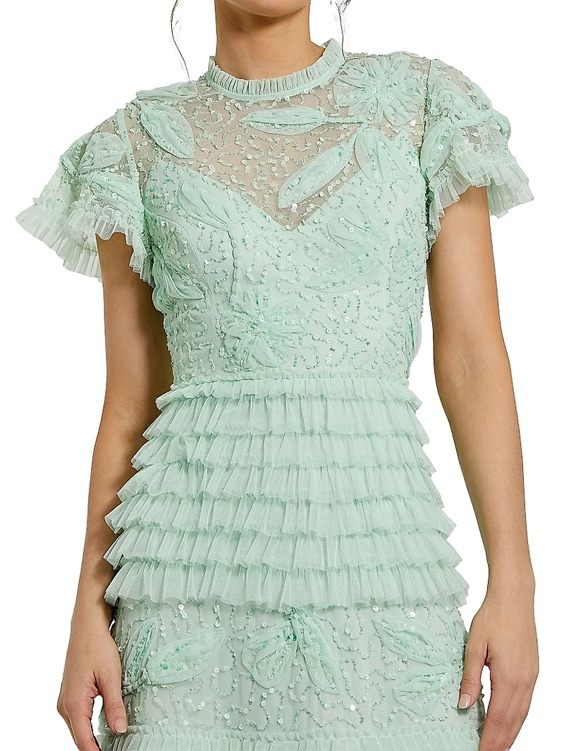 Sequin-Embellished Micro-Ruffle A-Line Gown