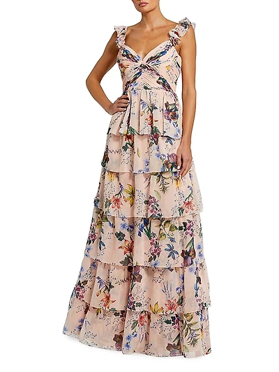 Ieena Chiffon Floral Print Tiered Gown