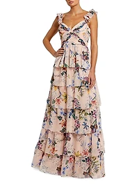 Ieena Chiffon Floral Print Tiered Gown