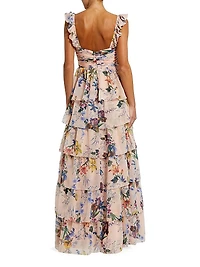 Ieena Chiffon Floral Print Tiered Gown