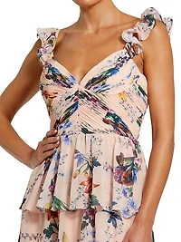 Ieena Chiffon Floral Print Tiered Gown