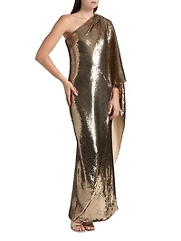 Sari Sequined One-Shoulder Gown