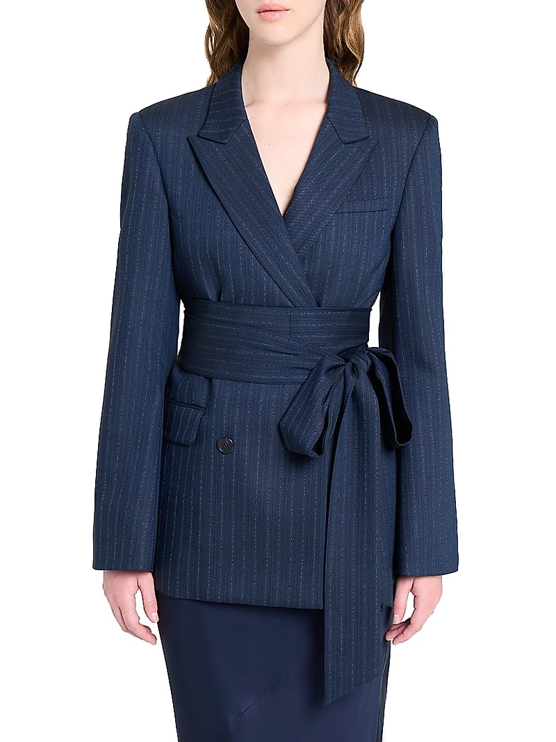 Delancey Striped Stretch-Wool Belted Blazer