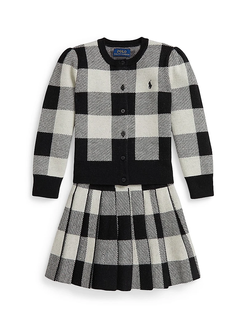 Little Girl's & 2-Piece Wool Plaid Cardigan Skirt Set