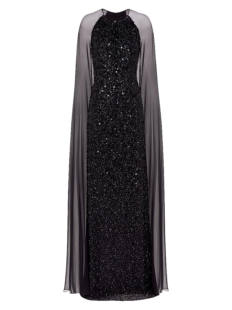 Elite Sheer Cape-Sleeve Gown