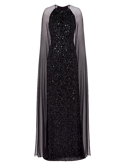 Elite Sheer Cape-Sleeve Gown