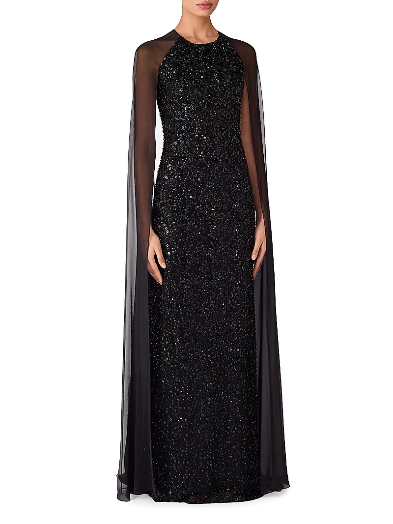 Elite Sheer Cape-Sleeve Gown