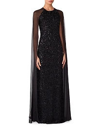 Elite Sheer Cape-Sleeve Gown