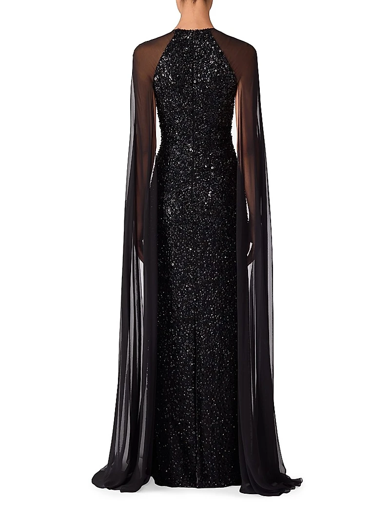 Elite Sheer Cape-Sleeve Gown