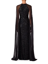 Elite Sheer Cape-Sleeve Gown