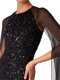 Elite Sheer Cape-Sleeve Gown