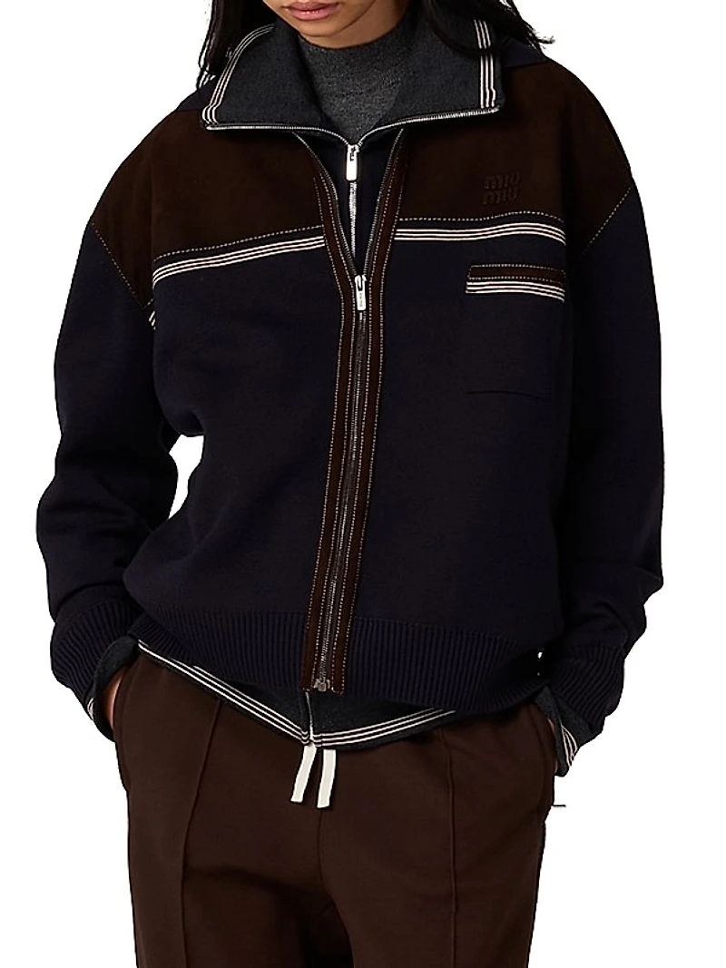Wool and Leather Zipper Cardigan
