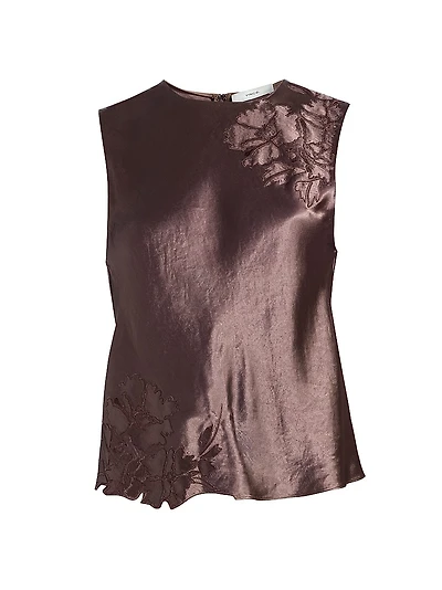 Floral-Embroidered Satin Shell