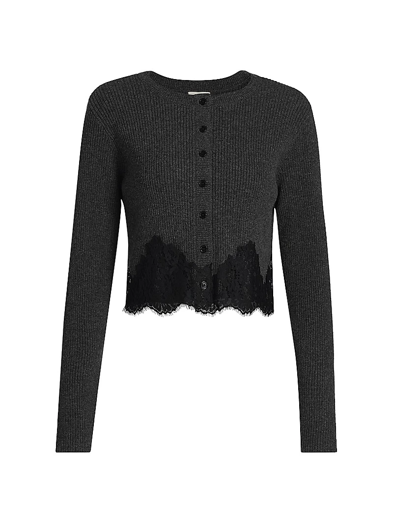 Ribbed Merino Wool Lace-Trim Crop Cardigan
