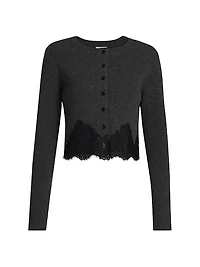 Ribbed Merino Wool Lace-Trim Crop Cardigan