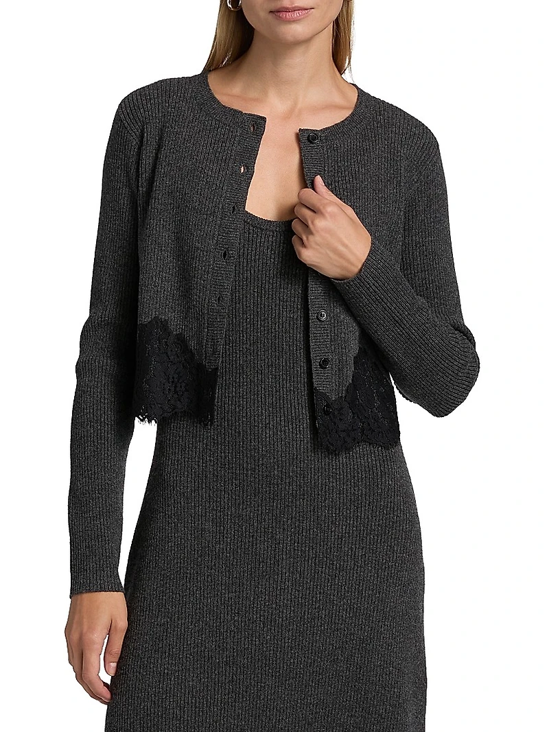 Ribbed Merino Wool Lace-Trim Crop Cardigan
