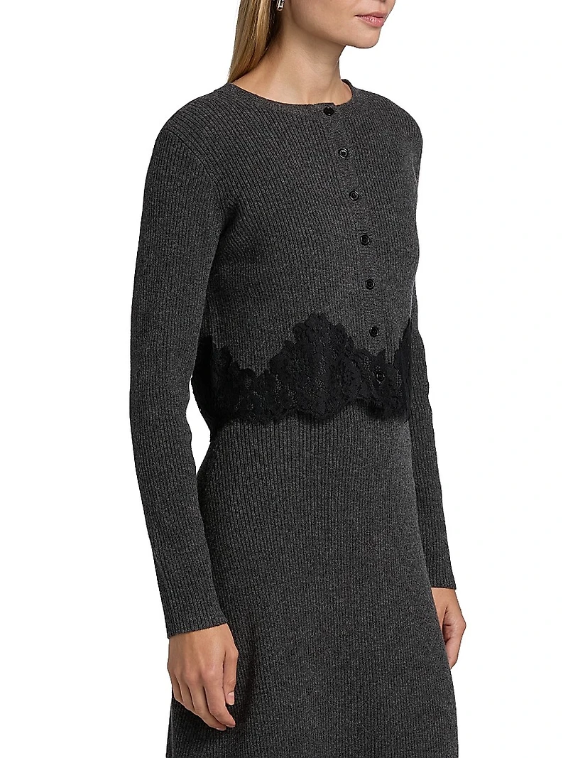 Ribbed Merino Wool Lace-Trim Crop Cardigan