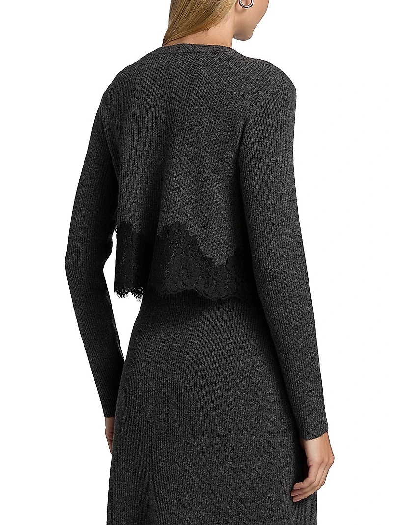 Ribbed Merino Wool Lace-Trim Crop Cardigan