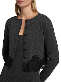 Ribbed Merino Wool Lace-Trim Crop Cardigan