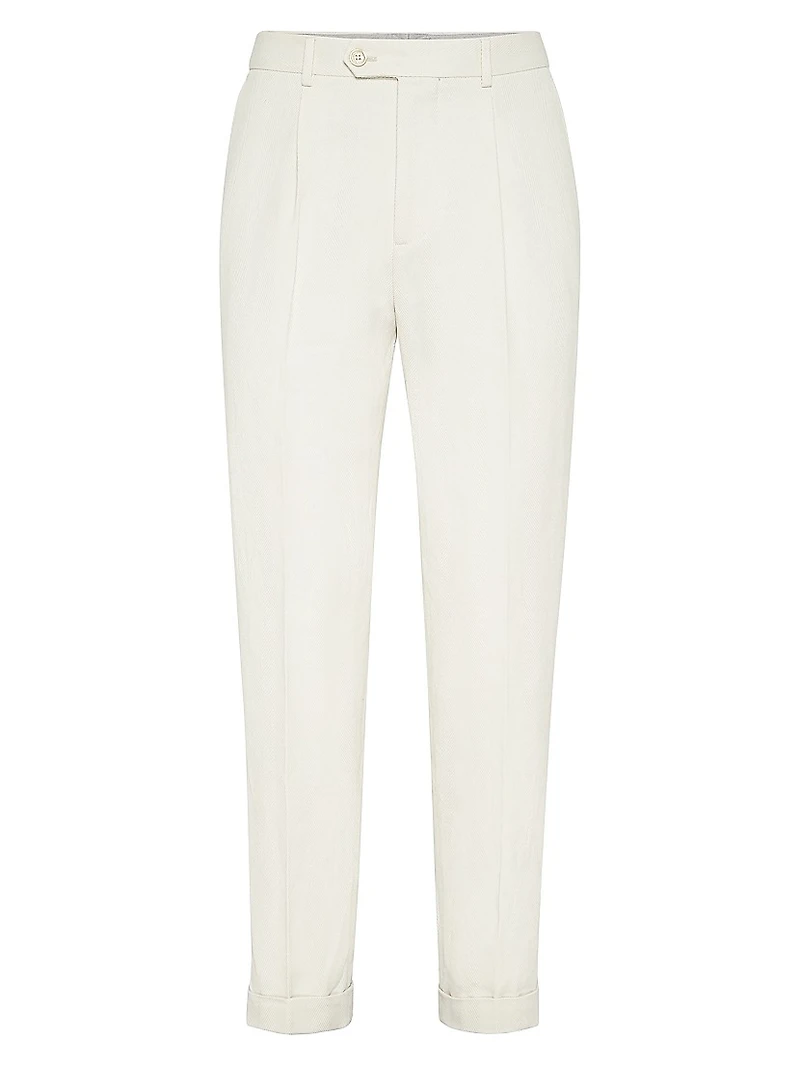 Cotton and Linen Leisure Fit Trousers with Pleat