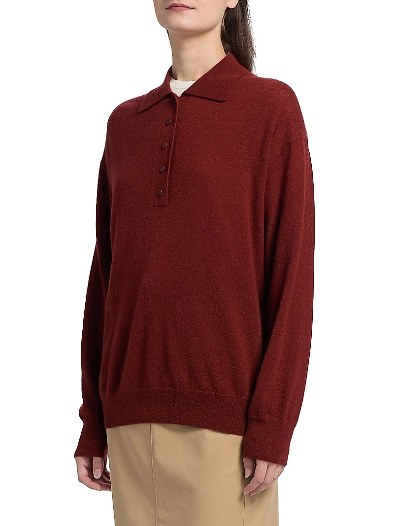Wide Placket Cashmere-Silk Polo Sweater