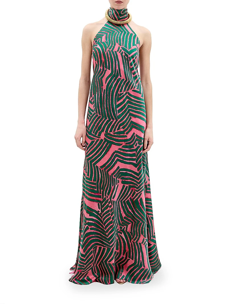 Tila Printed Silk-Blend Halter Gown