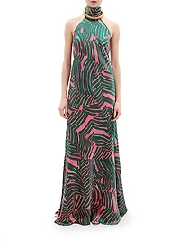 Tila Printed Silk-Blend Halter Gown