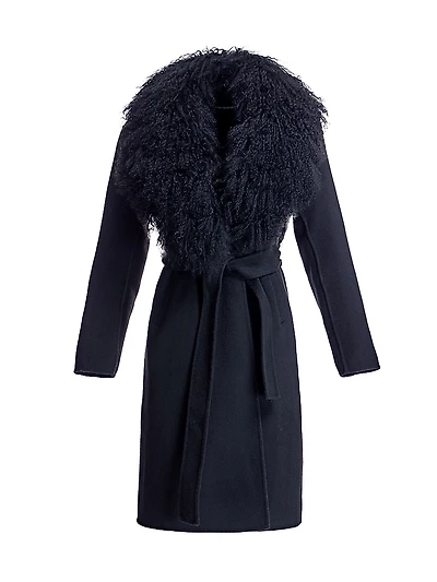 Maximilian Belted Wool Coat with Tibetan Lamb Collar