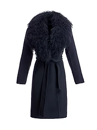 Maximilian Belted Wool Coat with Tibetan Lamb Collar