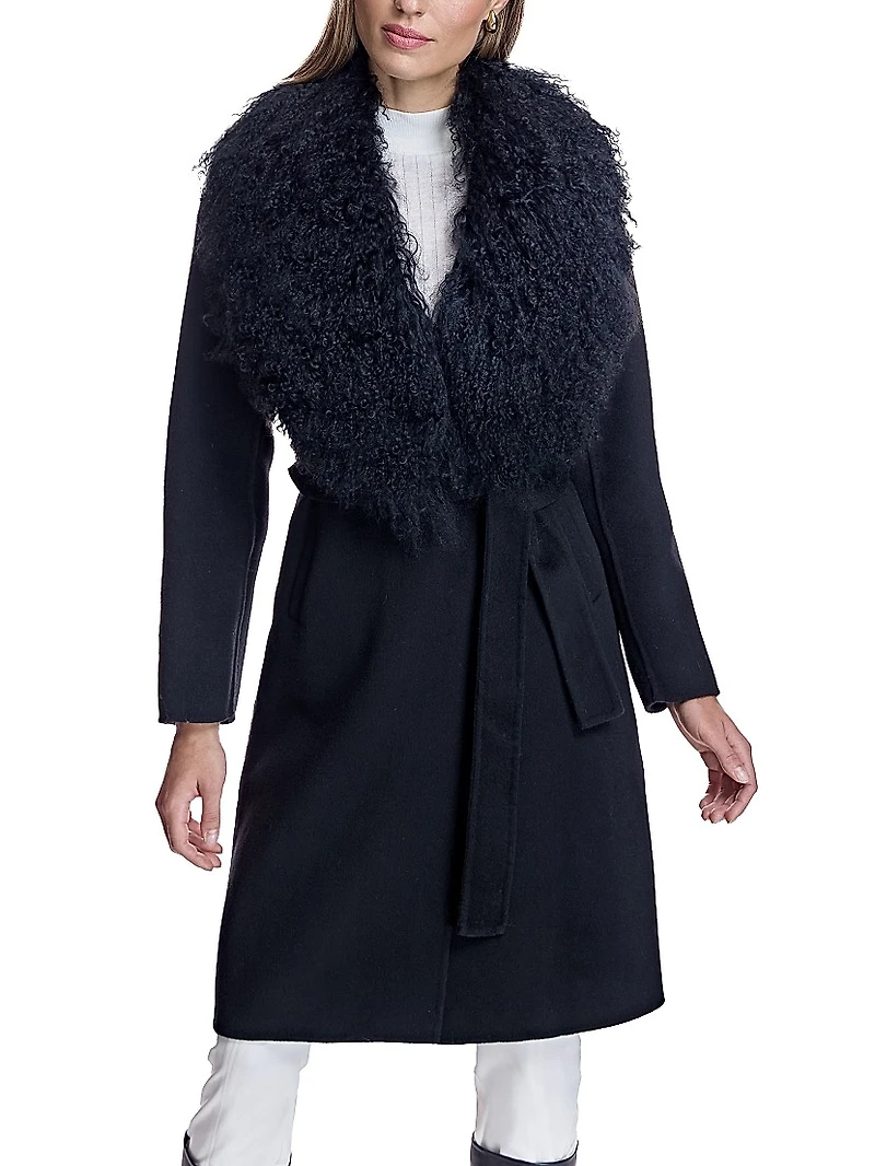 Maximilian Belted Wool Coat with Tibetan Lamb Collar