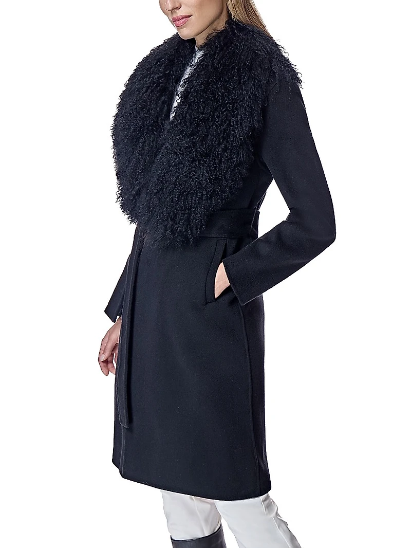 Maximilian Belted Wool Coat with Tibetan Lamb Collar