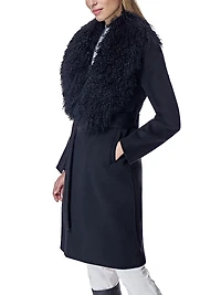 Maximilian Belted Wool Coat with Tibetan Lamb Collar