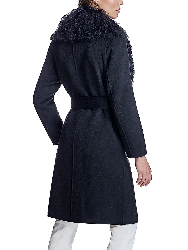 Maximilian Belted Wool Coat with Tibetan Lamb Collar