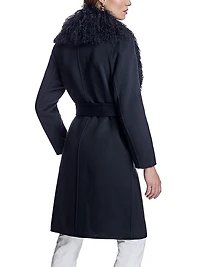 Maximilian Belted Wool Coat with Tibetan Lamb Collar