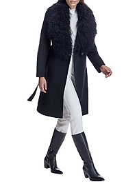Maximilian Belted Wool Coat with Tibetan Lamb Collar